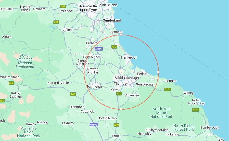 GC Jet Clean Service Area - 15 Mile Radius from Billingham